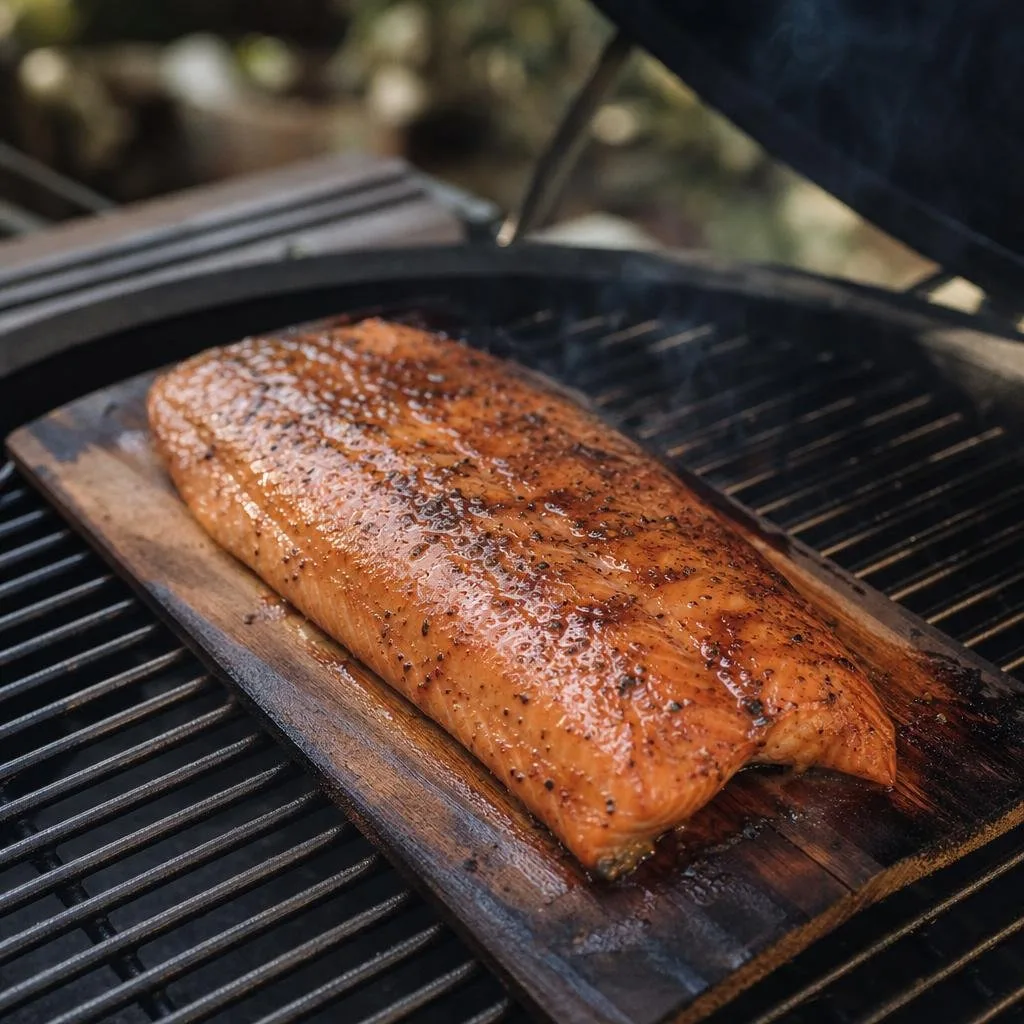 Cedar-plank salmon glazed with maple on the grill